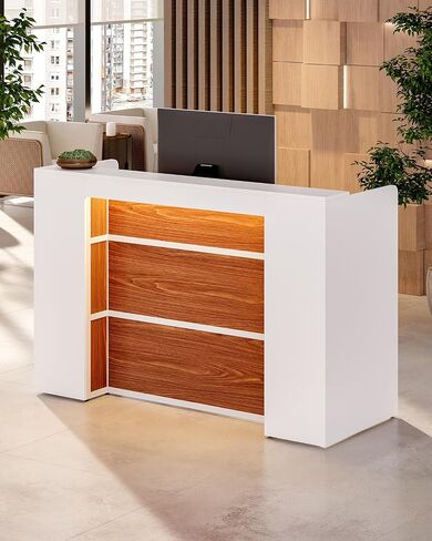 LITTLE TREE 63 Inches Reception Desk, Modern Reception Table with LED Light, Front Counter Desk, Wooden Checkout Counter for Lobbies, Salons, Retail, Home Offices, Reception Room, Black & Brown in Kuwait
