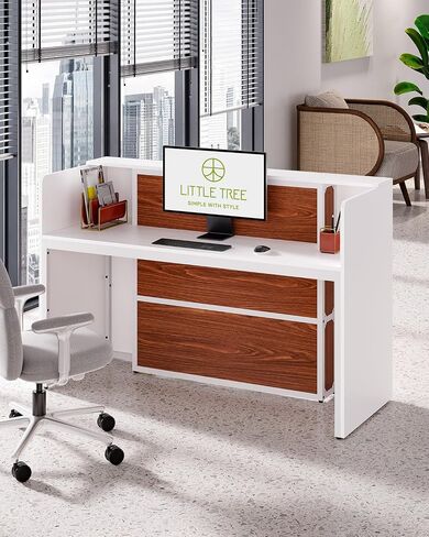 LITTLE TREE 63 Inches Reception Desk, Modern Reception Table with LED Light, Front Counter Desk, Wooden Checkout Counter for Lobbies, Salons, Retail, Home Offices, Reception Room, Black & Brown in Kuwait