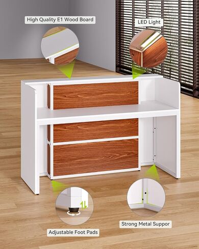 LITTLE TREE 63 Inches Reception Desk, Modern Reception Table with LED Light, Front Counter Desk, Wooden Checkout Counter for Lobbies, Salons, Retail, Home Offices, Reception Room, Black & Brown in Kuwait