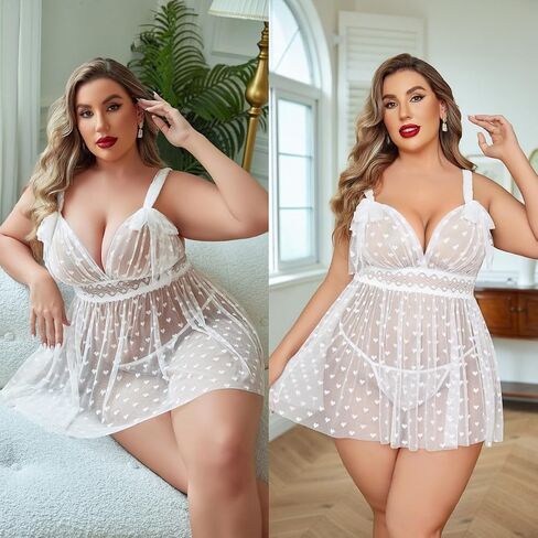 Avidlove Plus Size Lingeire for women Lace Babydoll Mesh Chemise Sexy Nightwear Sheer Nightie with Lace Up Bows L-4XL in Kuwait