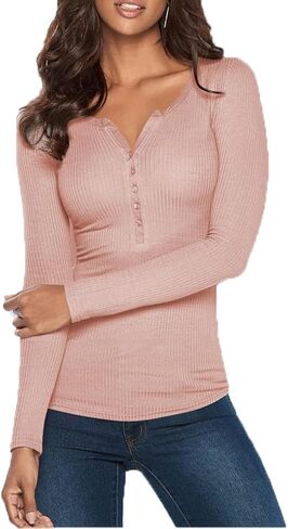 Poetsky Women's Henley Shirts Long Sleeve V Neck Layering Tops Rib Thermal Fitted Underscrub Tshirt in Kuwait