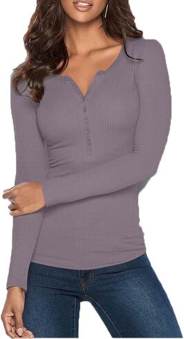 Poetsky Women's Henley Shirts Long Sleeve V Neck Layering Tops Rib Thermal Fitted Underscrub Tshirt in Kuwait