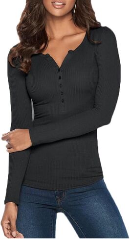 Poetsky Women's Henley Shirts Long Sleeve V Neck Layering Tops Rib Thermal Fitted Underscrub Tshirt in Kuwait