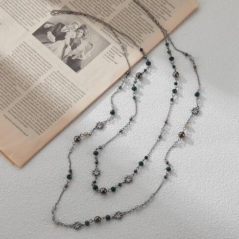 Noessla Layered Long Necklaces for Women Silver Black Beaded Necklace Vintage Flower Costume Jewelry Birthday Gifts for Women in Saudi Arabia