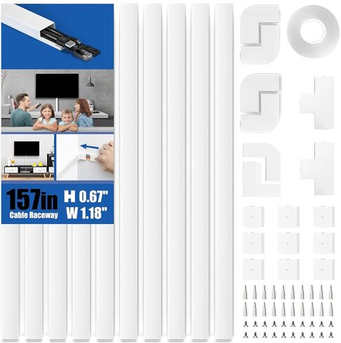 Delamu Cord Hider, 157in Wire Covers for Cords on Wall, Premium Cable Hider Cord Covers for Wires, Cable Management Wire Hiders for TV, Cable Raceway Kit, W0.95 H0.55in, White in Kuwait