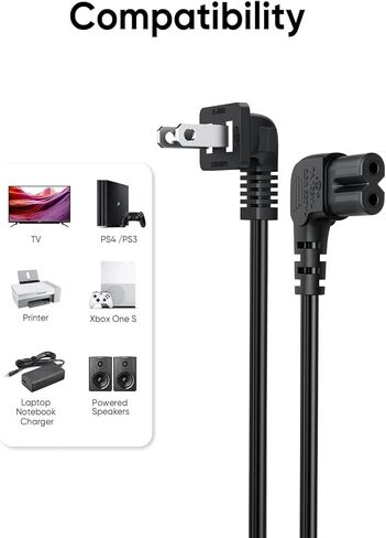 CableCreation 10 أقدام 18 AWG سلك طاقة بزاوية غير مستقطبة بزاوية 2 فتحة لاستبدال Samsung TV LG TCL (IEC320 C7 إلى Nema 1-15P)، 3M in Kuwait