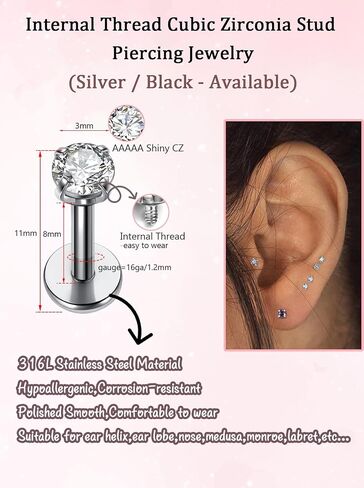 PiercingJ 2-4pcs 16g 316L Stainless Steel 3mm Cubic Zirconia Labret Monroe Lip Ring/Tragus/Helix Earring,6-12mm Bar Length in Kuwait