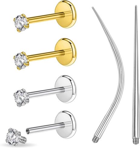 PunkTracker 6PCS 16g/18g Gold Silver Surgical Steel Internal Thread CZ Stud Piercing Jewelry for Tragus/Nose/Helix/Conch/Medusa/Lip/Labret - Helix Tragus Cartilage Earring for Women Men in Saudi Arabia