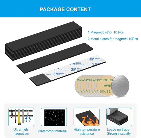 Magnetic Strips with Adhesive Backing Magnet - Heavy Duty Sticky Magnet for DIY Projects - 10 Pack with Metal Plates - Cut to Shape - Strong Hold & Durable - Ideal for Tool Racks (10 Pcs) in Saudi Arabia