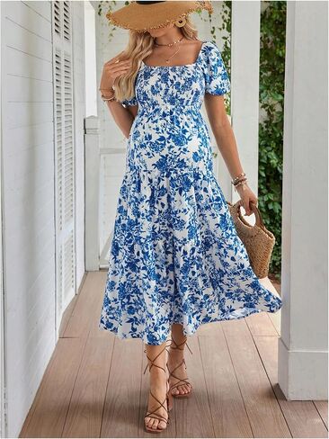 فساتين الحمل النسائية من MakeMeChic فستان متوسط ​​الطول للحمل بأكمام قصيرة مكشكش ومكشكش على شكل حرف A in Saudi Arabia