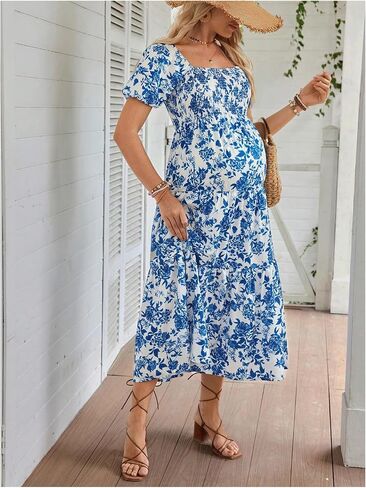 فساتين الحمل النسائية من MakeMeChic فستان متوسط ​​الطول للحمل بأكمام قصيرة مكشكش ومكشكش على شكل حرف A in Saudi Arabia