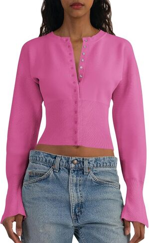 Saodimallsu Womens Cropped Sweaters Button Down Long Sleeve V Neck Ribbed Knit Slim Fit Pullover Crop Tops in Saudi Arabia