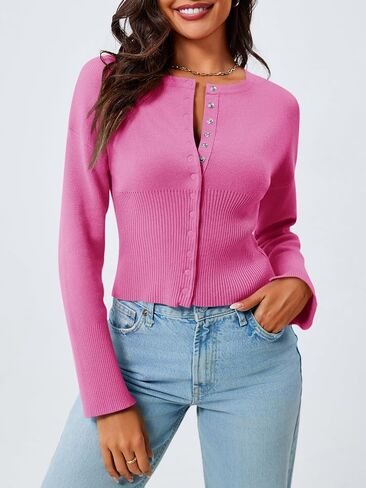 Saodimallsu Womens Cropped Sweaters Button Down Long Sleeve V Neck Ribbed Knit Slim Fit Pullover Crop Tops in Saudi Arabia