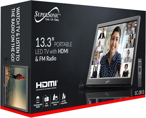 تلفزيون LED بشاشة عريضة محمولة مقاس 13 بوصة من Supersonic SC-2813 مع مدخلات USB/SD وHDMI وراديو FM وبطارية قابلة لإعادة الشحن وAC/DC متوافق مع المنزل والمركبات الترفيهية والقوارب والتخييم in Kuwait