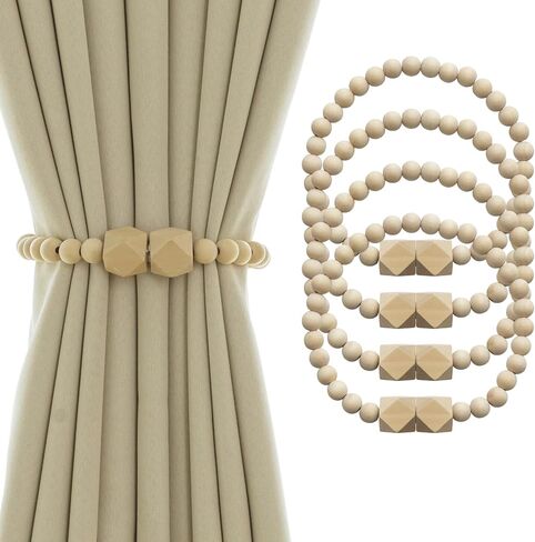 الستار المغناطيسي Tiebacks مزرعة التعادل ظهورهم للستائر 4 حزمة بوهو نافذة الستار Holdbacks الخشب حبة الستار التعادل ظهورهم لديكور غرفة النوم، الخشب الطبيعي in Kuwait