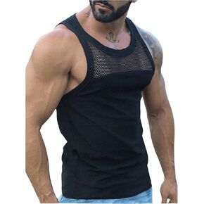 OYOANGLE Men's Contrast Mesh Scoop Neck Sleeveless Tank Top Slim Fit Athletic Muscle Tops