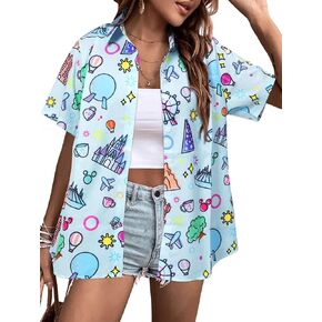 MYHALF Magic Kingdom Shirts for Women: Magical Castle Graphic Print Button Down Shirt Family Vacation Outfits