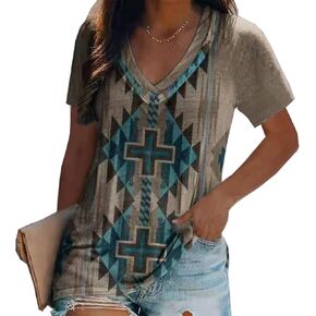Short Sleeve Shirts for Women Summer Casual Western Shirts V Neck Ethnic Geometric Aztec Print Tops Blouse Pullover