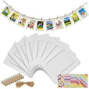 50 Pack Paper Picture Frames 4x6in, DIY Cardboard Photo Frames Hanging Display with 50 Clips and 5 Strings, Paper Photo Frame Art Display Frame with 12 Stickers for Wall Decor (White)