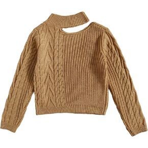 OYOANGLE Girl's Solid Color Cut Out Asymmetrical Mock Neck Long Sleeve V Neck Cable Knit Sweater Pullovers Top