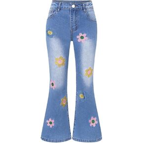 WDIRARA Girl's Floral Print Denim Zipper Fly Pants Button Flared Jeans with Pockets