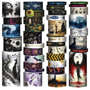 MPOPUUL Washi Tape Set 37 Rolls - Witches Theme Colored Decorative Adhesive Tape for Journaling, Vintage Artists Tape for Junk Journaling Supplies, Scrapbooking, DIY Crafts, Gift Wrapping, Planner