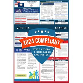 Labor Law Posters 2024 - Virginia Labor Law Poster State, Federal, OSHA Compliant, Accurate & Up to Date, Includes June Updates, Laminated Labor Law Poster 2024 Virginia, 24"w x 36"h (English)