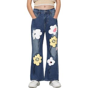 MyFav Girls' Jeans Bootcut Cute Floral Stretch High Waist Flare Casual Denim Pants with Pocket