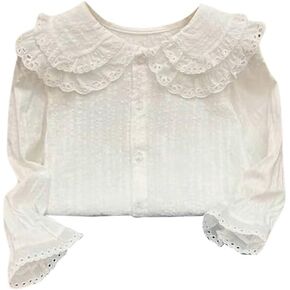 Girl's Long Sleeve Open Front Blouse Button down Double Layer Ruffle Collar Shirt Top