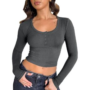 Women Henley Crop Tops: Long Sleeve Fall Shirts 2024 Trendy Going Out Slim Fit Cute Ribbed Casual Basic Tunic Blouse