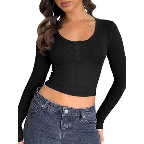 Women Henley Crop Tops: Long Sleeve Fall Shirts 2024 Trendy Going Out Slim Fit Cute Ribbed Casual Basic Tunic Blouse