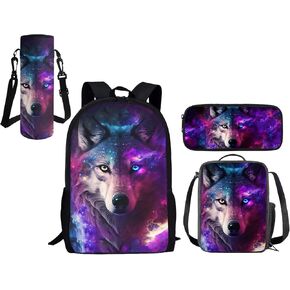Showudesigns Galaxy Wolf Bookbag With Lunch Box for Boys 7-10/10-12 Kids Schoolbag Elementary School Backpack Pencil Case Lunch Bags Insulated Tote Bag Water Bottle Holder Daypack Purple