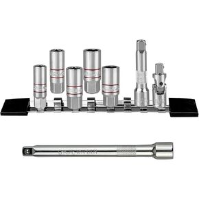 8Pcs Spark Plug Socket Set, 3/8-Inch Magnetic Spark Plug Socket,Mirror Polished Sockets with Rubber Retaining Ring, Universal Joint, Extension Bar,SAE & Metric(5/8", 3/4", 13/16",14mm,18mm)