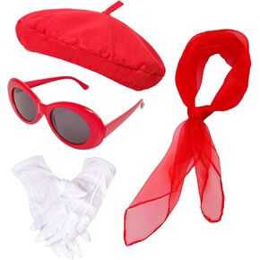 5 Pcs French Red Beret Hat Set Women Girls Costume Accessories Including Scarf Gloves Beret Hat Sunglasses for Halloween