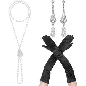 1920s Flapper Accessories Set for Women Roaring 20s Costumes Include Long Pearl Necklace and Earring Set Black Long Gloves for Opera Party