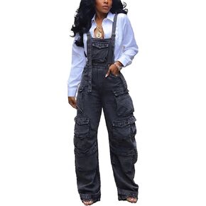 Women Denim Overalls Jean Jumpsuit Cargo Pants Baggy Straight Leg Bib Jean Romper Streetwear