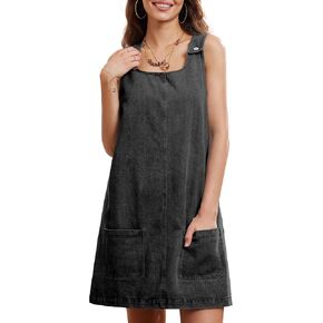 Locachy Women's Vintage Denim Overall Dress Casual Sleeveless Crewneck Mini Jean Jumper Dress with Pocket