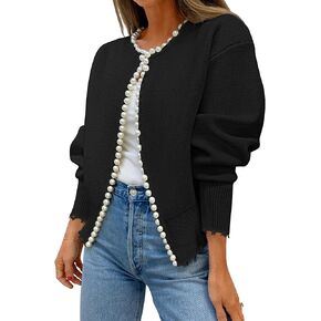 ZESICA Women's Open Front Cardigan Sweater Casual Knitted Long Sleeve Pearls Trim Outerwear Coat 2024 Trendy Clothes