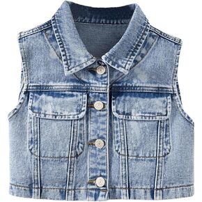 Girl's Denim Jacket Vest Collar Neck Button Front Sleeveless Jean Jacket Outerwear with Pockets Summer Jacket