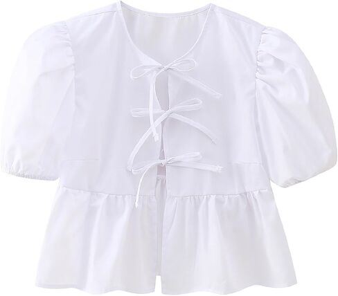 Women Y2K Peplum Shirt Puff Sleeve Tie Front Top Blouse Cute Going Out Babydoll Crop Top Summer in Saudi Arabia