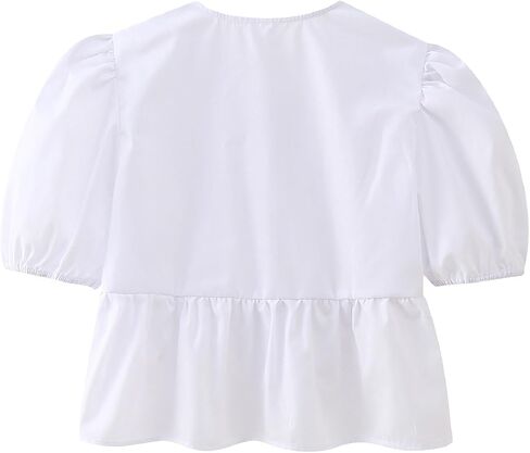 Women Y2K Peplum Shirt Puff Sleeve Tie Front Top Blouse Cute Going Out Babydoll Crop Top Summer in Saudi Arabia