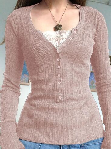 EMMIOL Lace Crop Button Up Shirts for Women Paneled Button Long Sleeve Knit Top Lightweight Slim Basic Knit Tunic Top Blouse in Saudi Arabia
