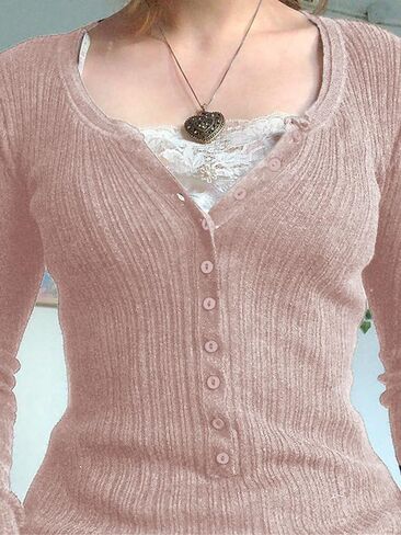 EMMIOL Lace Crop Button Up Shirts for Women Paneled Button Long Sleeve Knit Top Lightweight Slim Basic Knit Tunic Top Blouse in Saudi Arabia
