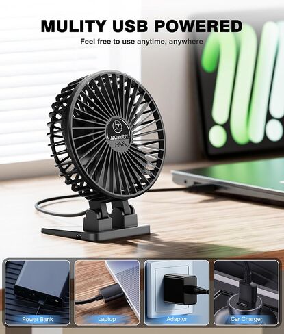 JZCreater USB Desk Fan, Mini Portable Fans, 3 Speeds Desktop Table Cooling Fan, Plug in Power, Rotation Strong Wind, Quiet Personal Small for Home Office Travel Bedroom, Black Blue in Saudi Arabia
