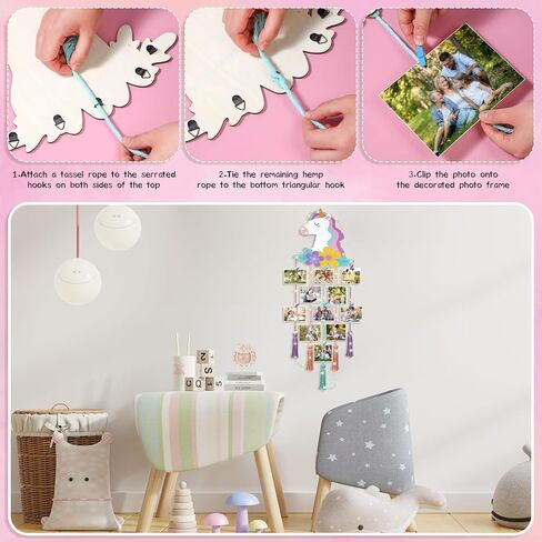 Room Decor Hanging Photo Display with String Lights Picture Collage Board Boho Picture Frame Holder with Clips Macrame Wall Decor for Kindergarten Decoration Bedroom Living Room(Unicorn) in Saudi Arabia
