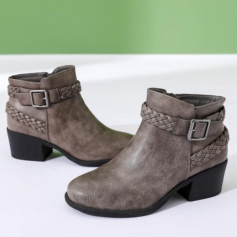 Luoika Women's Wide Width Ankle Boots - Black Brown Short Boots Block Low Heel Side Zipper Booties. in Kuwait