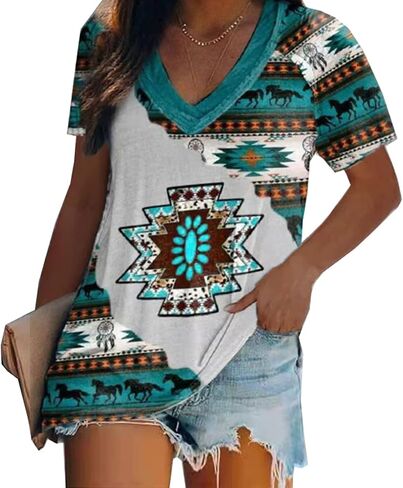 Short Sleeve Shirts for Women Summer Casual Western Shirts V Neck Ethnic Geometric Aztec Print Tops Blouse Pullover in Saudi Arabia