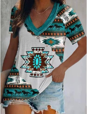Short Sleeve Shirts for Women Summer Casual Western Shirts V Neck Ethnic Geometric Aztec Print Tops Blouse Pullover in Saudi Arabia