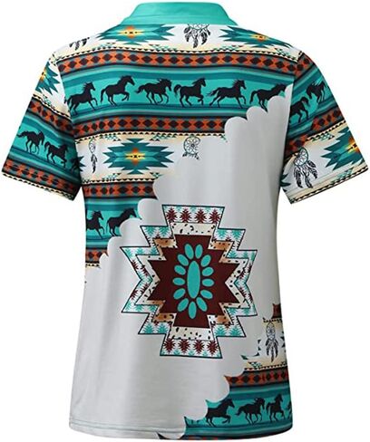 Short Sleeve Shirts for Women Summer Casual Western Shirts V Neck Ethnic Geometric Aztec Print Tops Blouse Pullover in Saudi Arabia