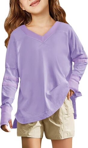 Haloumoning Girls Oversized Long Sleeve T Shirts Kids Casual V Neck Cute Tops Basic Tees with Thumb Holes 4-14Y in Saudi Arabia